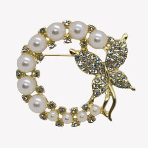 Vintage Look Rhinestone Butterfly Faux Pearl Circle Brooch Gold Tone